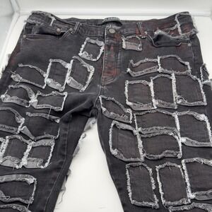 Valabasas Mens 40 38 Stacked Skinny Black Jeans Patchwork Frayed Distressed Boot